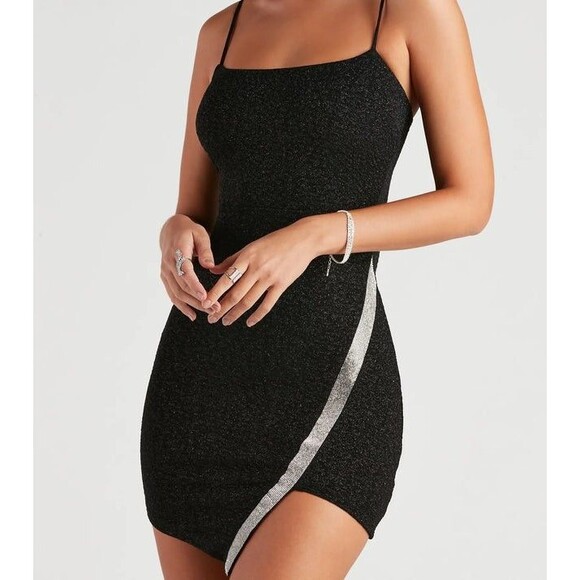 Windsor Black Asymmetrical Mini Dress L Spaghetti Straps Bodycon Rhinestones - Picture 1 of 16